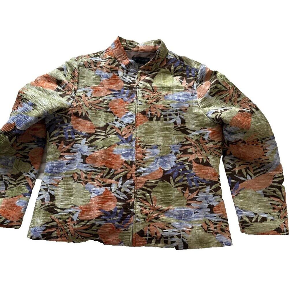 SILK LAND Women's  XL Pale Green Orange Bamboo Floral Print Lined Jacket